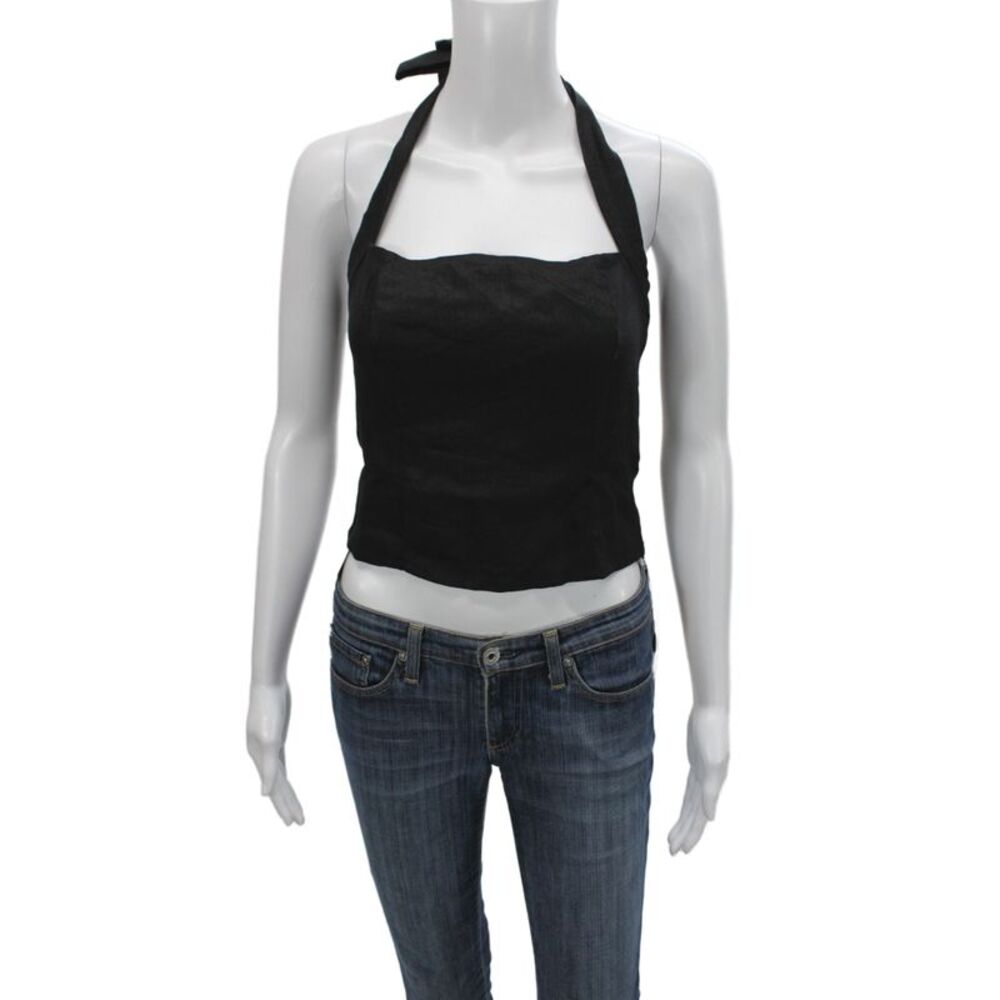 Reformation Women Cropped Camisole Black Linen Polyester Tie Neck Size 4